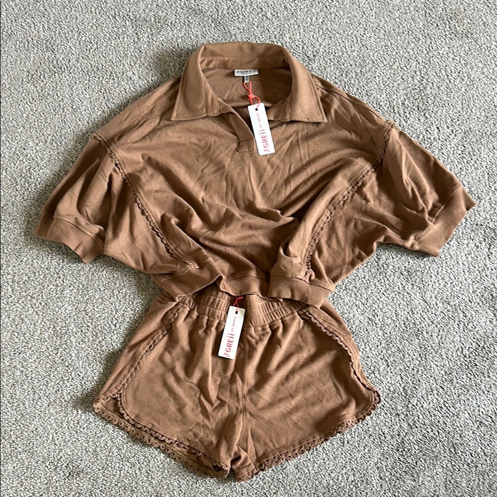 Brown Collared Short Sleeve Top and Shorts Set | two piece lounge set